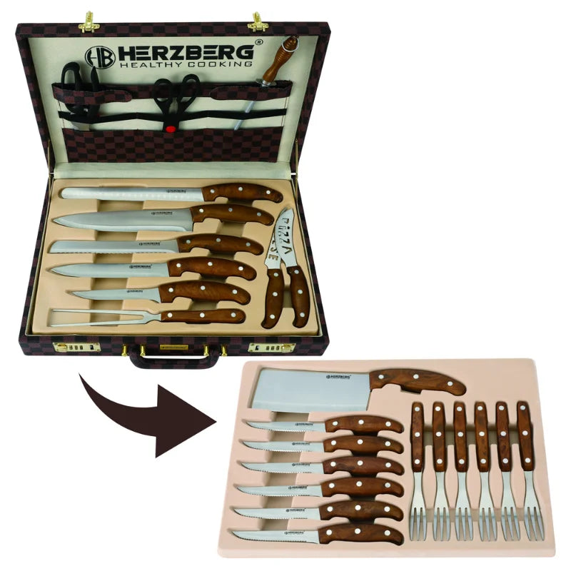 Herzberg HG-K25LB: 25-teiliges Messer- und Besteckset mit Tragetasche