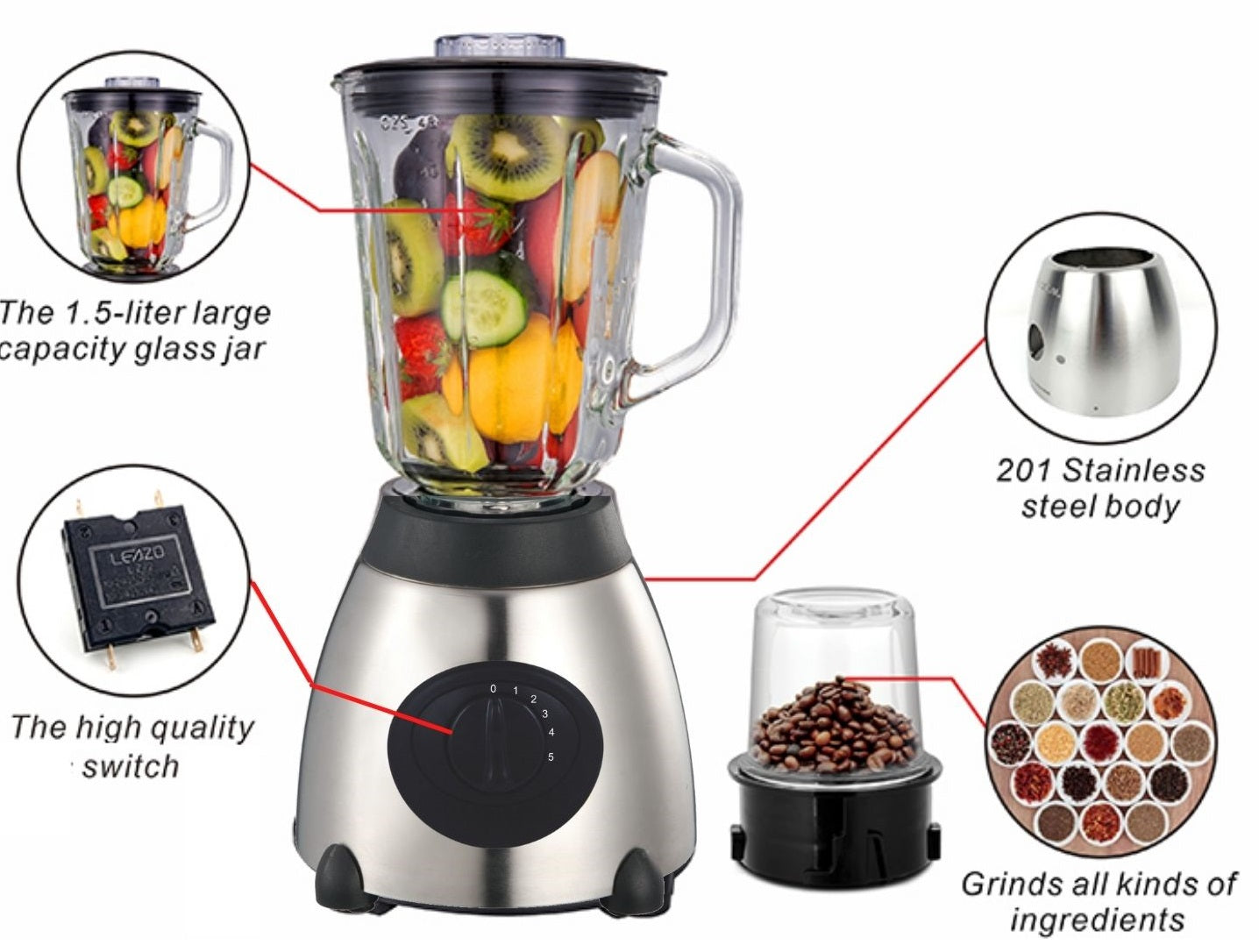 Blender Homestar GIB1.5: Combo Mélangeur et Broyeur Electrique 1000W