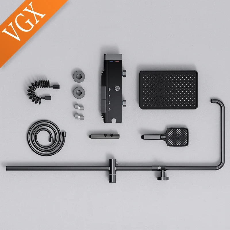 VGX Thermostatic Shower System Set Temperature Display Bathroom Shower Set Rainfall Shower Head Set Bidet Shower Faucet Set Gray 