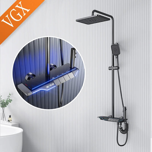 VGX Thermostatic Shower System Set Temperature Display Bathroom Shower Set Rainfall Shower Head Set Bidet Shower Faucet Set Gray 