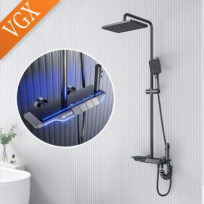 VGX Thermostatic Shower System Set Temperature Display Bathroom Shower Set Rainfall Shower Head Set Bidet Shower Faucet Set Gray 